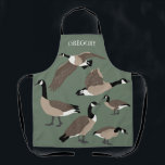 Bird Lovers Canada Geese Illustration Personalized Apron<br><div class="desc">Create a personalized gift that's perfect for bird lovers. This custom apron has realistic style illustrations of Canada geese in brown white and black against a sage green background. Above the graphics is a spot to add a name in white lettering.</div>