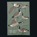 Bird Lovers Canada Geese Illustration Personalized Kitchen Towel<br><div class="desc">Create a personalized gift that's perfect for bird lovers. This custom kitchen towel has realistic style illustrations of Canada geese in brown white and black set against a sage green background. It's ready to personalized with your own message in the lower corner in white lettering.</div>