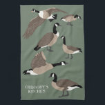 Bird Lovers Canada Geese Illustration Personalized Kitchen Towel<br><div class="desc">Create a personalized gift that's perfect for bird lovers. This custom kitchen towel has realistic style illustrations of Canada geese in brown white and black set against a sage green background. It's ready to personalized with your own message in the lower corner in white lettering.</div>