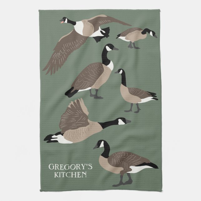 Bird Lovers Canada Geese Illustration Personalized Kitchen Towel (Vertical)