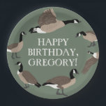 Bird Lovers Canada Geese Illustration Personalized Paper Plates<br><div class="desc">Throw a truly wild party with these personalized party supplies. These paper plates are ready to be customized with your own message in white lettering in the center. The sage green colored plates feature illustrations of Canada geese in brown, black and white making them perfect for birthday parties and other...</div>