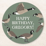 Bird Lovers Canada Geese Illustration Personalized Round Paper Coaster<br><div class="desc">Throw a truly wild party with these personalized party supplies. These paper coasters are ready to be customized with your own message in white lettering in the center. The sage green colored coasters feature illustrations of Canada geese in brown, black and white making them perfect for birthday parties and other...</div>