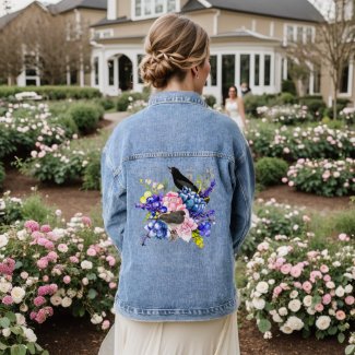 Bird Lovers Floral Blackbird Denim Jacket