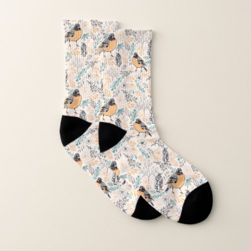 Bird Lovers Robin Mama And Baby With Flowers Socks