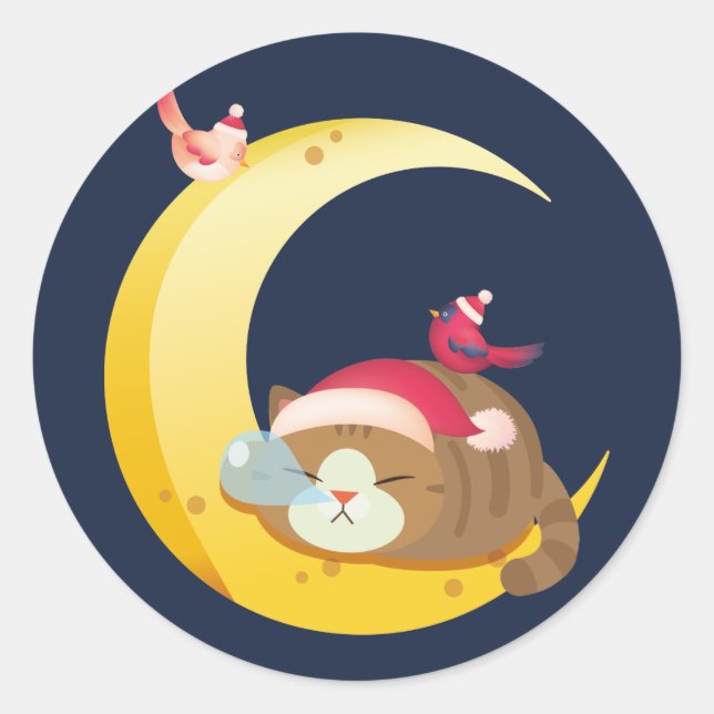 Bird Moon Sleeping Kitten Cat Holiday Classic Round Sticker (Front)