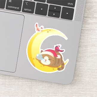 Bird Moon Sleeping Kitten Cat Holiday Sticker