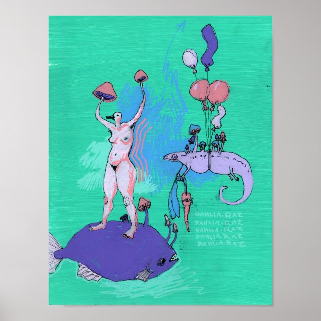 Bird Mushroom Lady and Balloon . Chameleon Poster (Front)