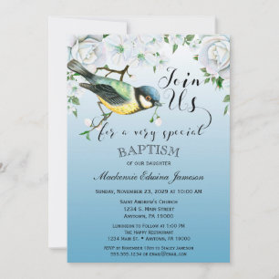 Bird Nature Baptism Invitation Blue Floral