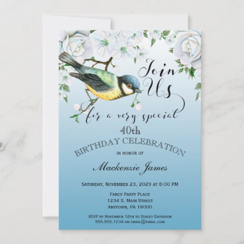 Bird Nature Birthday Party Invitation Blue Floral