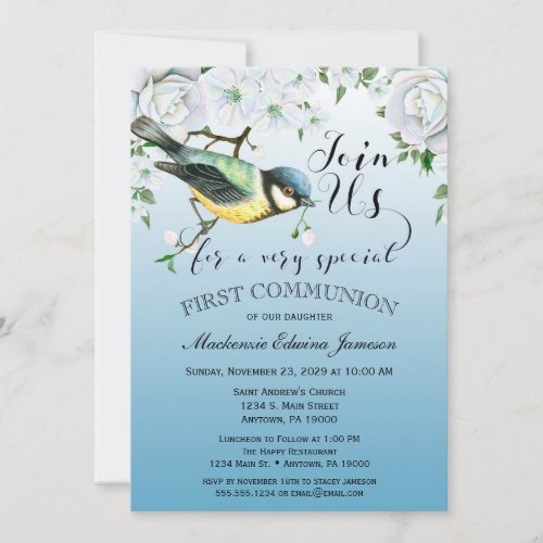 Bird Nature First Communion Invitation Blue Floral