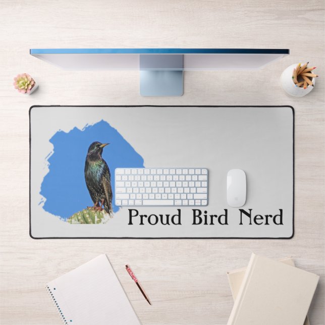 Bird Nerd Pretty Black Starling Cactus Birdwatcher Desk Mat (Office 1)