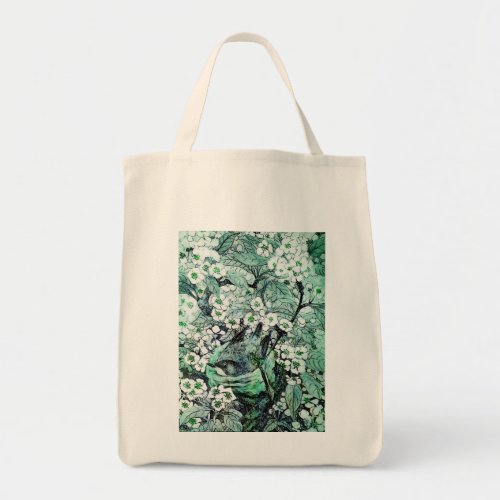 BIRD NEST AMONG SPEING FLOWERS White Green Tote Bag