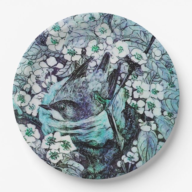 BIRD NEST AMONG SPRING FLOWERS ,White,Blue Teal  Paper Plates (Front)