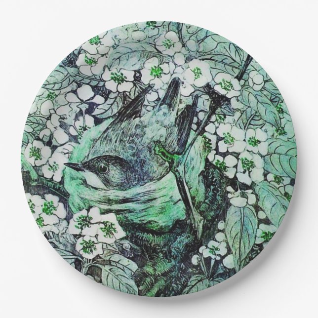 BIRD NEST AMONG SPRING FLOWERS ,White Green Paper Plates (Front)