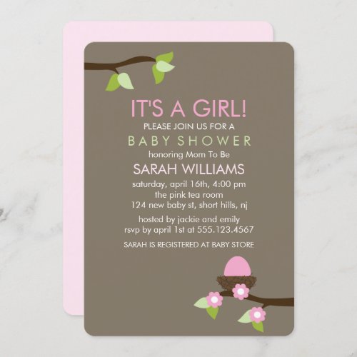 Bird Nest and Blossoms Girl Baby Shower Invitation