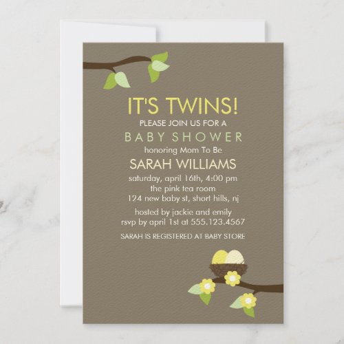 Bird Nest and Blossoms Twin Baby Shower Invitations