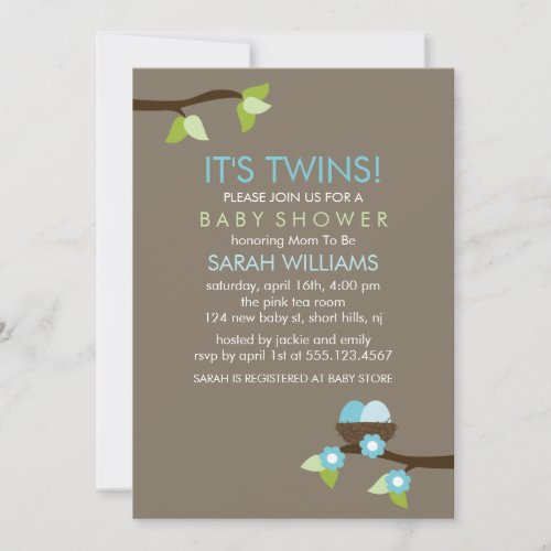 Bird Nest and Blossoms Twin Boys Baby Shower Custom Invite