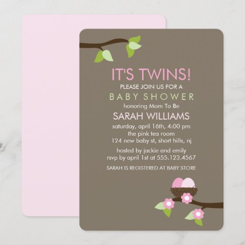 Bird Nest and Blossoms Twin Girls Baby Shower Invitations