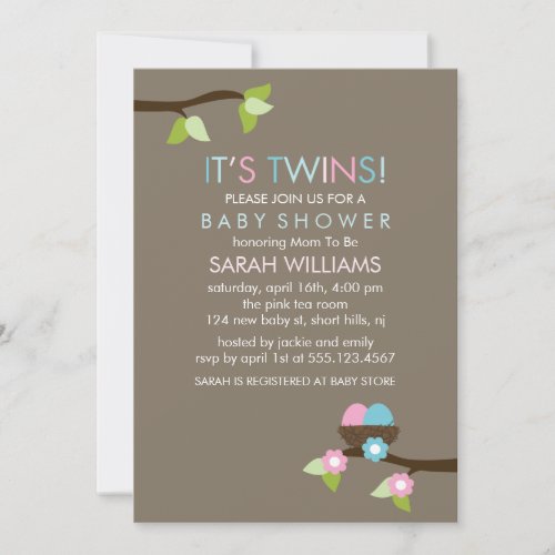 Bird Nest and Blossoms Twins Baby Shower Personalized Invites