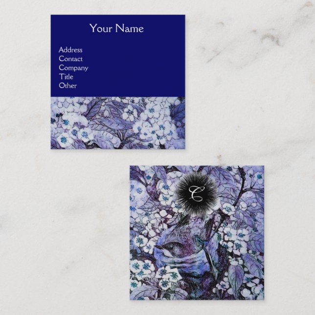 BIRD NEST AND SPRING FLOWERS Monogram Blue White Square Business Card (Front/Back)