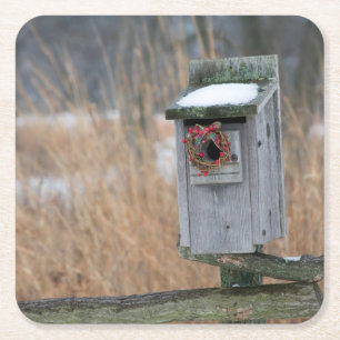 Bird, nest box with holiday wreath in winter square paper coaster