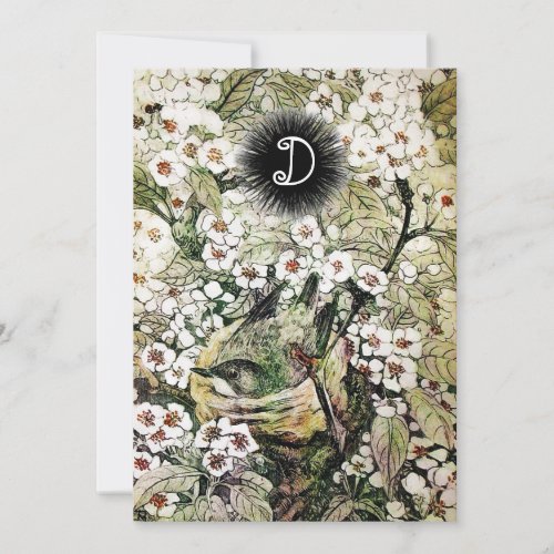 BIRD NESTBROWN WHITE SPRING FLOWERS MONOGRAM ANNOUNCEMENT