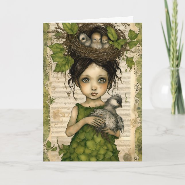 Bird Nest Doll Collage Happy Birthday Card (Front)