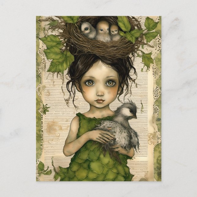 Bird Nest Doll Collage Postcard (Front)