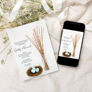 Bird Nest Eggs and Pussy Willows Engagement Party Invitation