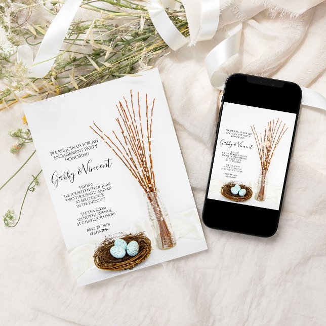 Bird Nest Eggs and Pussy Willows Engagement Party Invitation (Creator Uploaded)
