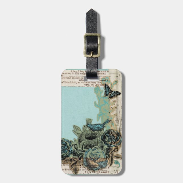 Bird Nest Faux Vintage Collage Luggage Tag (Front Vertical)