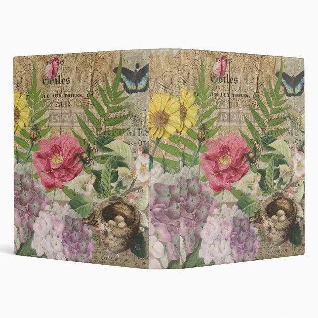 Bird Nest Floral Garden Flower Butterfly Art 3 Ring Binder (Background)