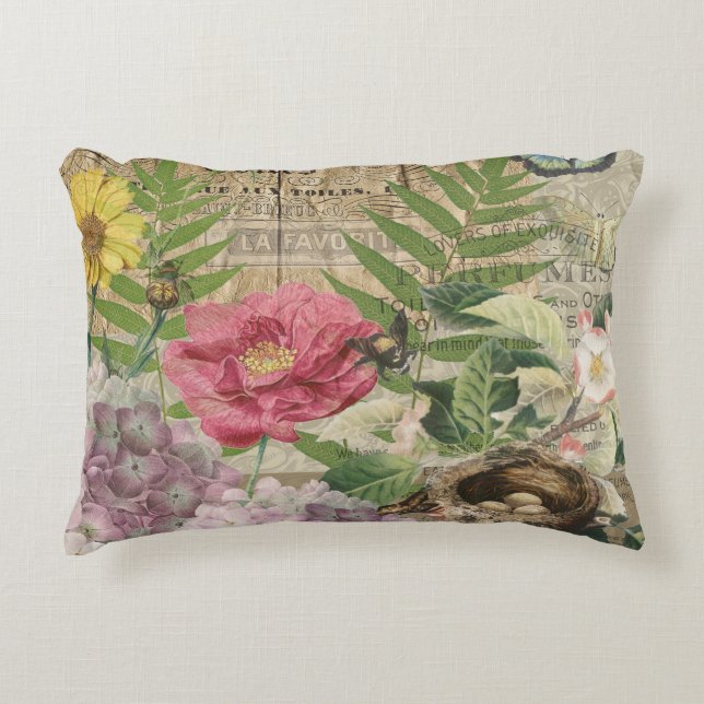 Bird Nest Floral Garden Flower Butterfly Art Accent Pillow (Front)