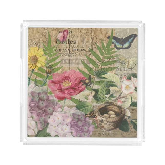 Bird Nest Floral Garden Flower Butterfly Art Acrylic Tray (Front)