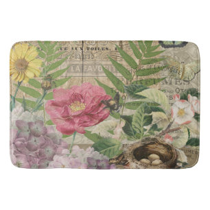 Bird Nest Floral Garden Flower Butterfly Art Bath Mat