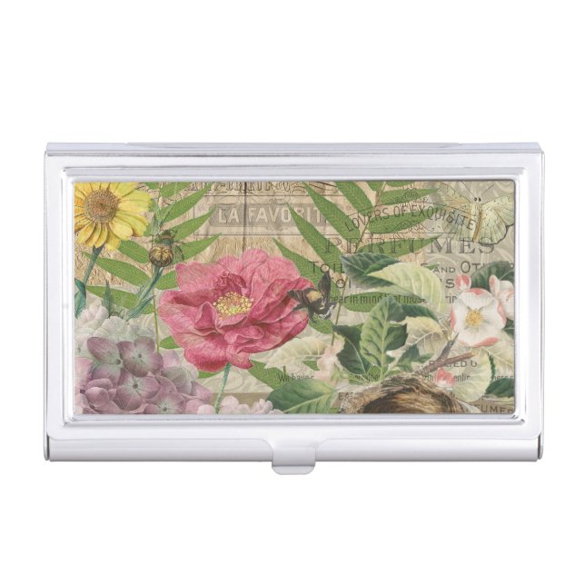 Bird Nest Floral Garden Flower Butterfly Art Business Card Case (Front)