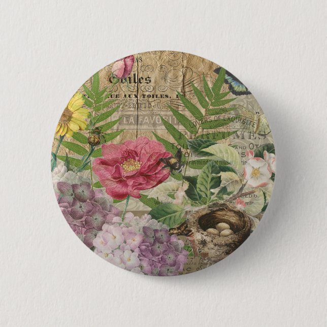 Bird Nest Floral Garden Flower Butterfly Art Button (Front)