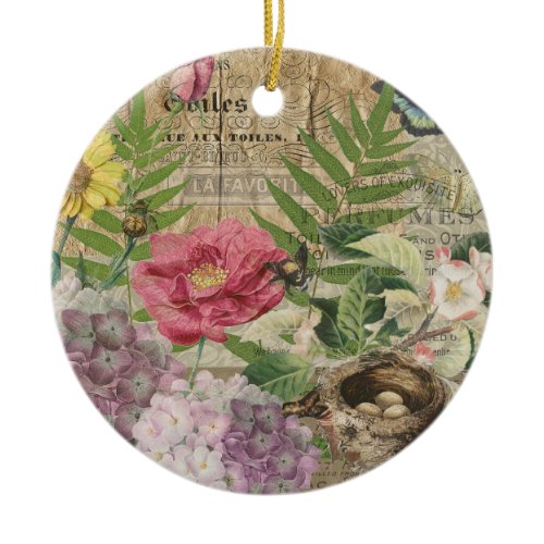 Bird Nest Floral Garden Flower Butterfly Art Ceramic Ornament