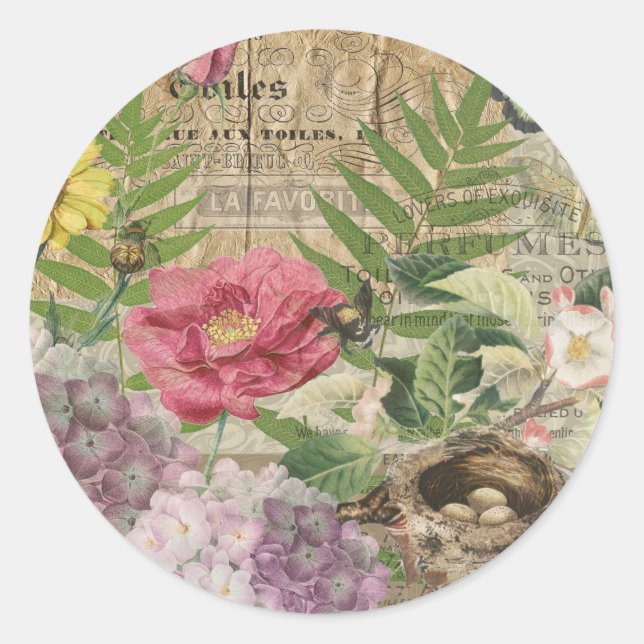 Bird Nest Floral Garden Flower Butterfly Art Classic Round Sticker (Front)