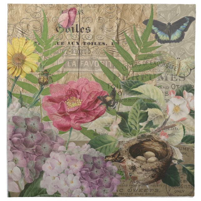Bird Nest Floral Garden Flower Butterfly Art Cloth Napkin (Front)
