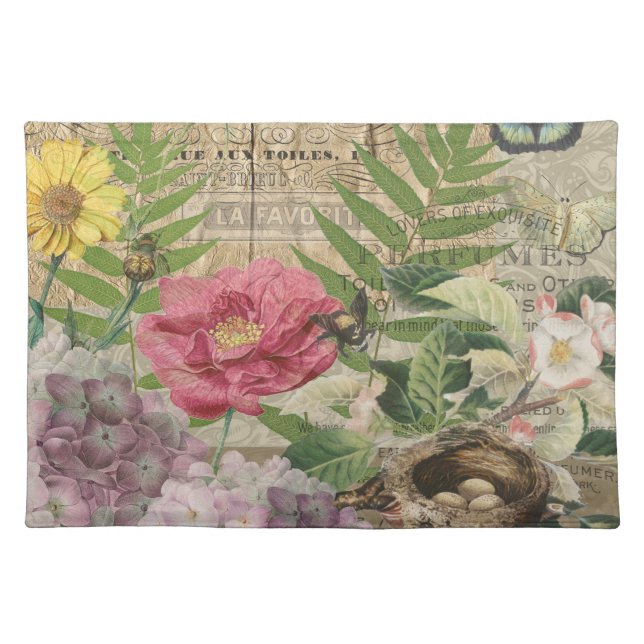 Bird Nest Floral Garden Flower Butterfly Art Cloth Placemat (Front)