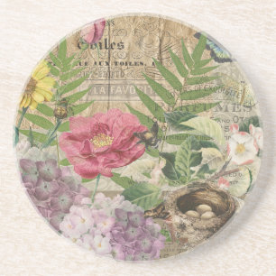 Bird Nest Floral Garden Flower Butterfly Art Coaster