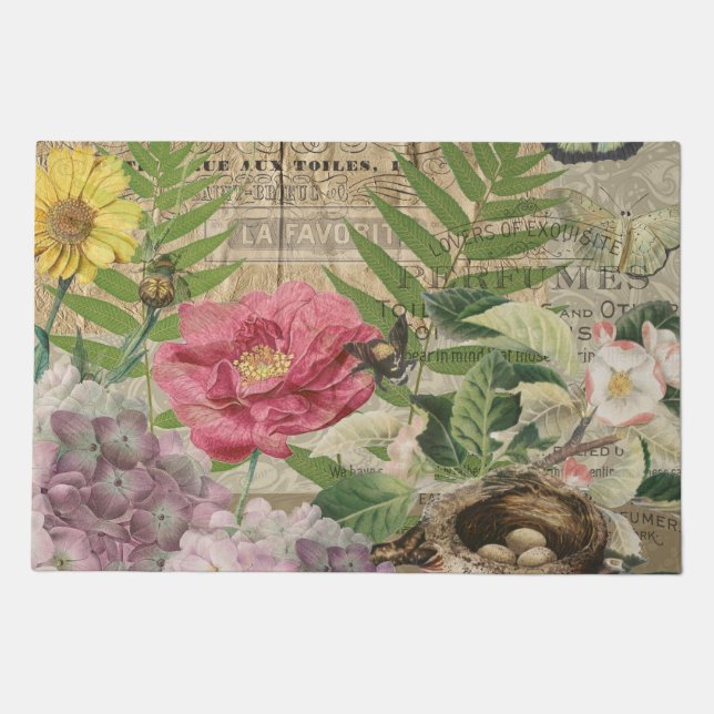 Bird Nest Floral Garden Flower Butterfly Art Doormat (Front)