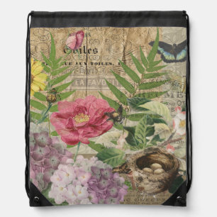 Bird Nest Floral Garden Flower Butterfly Art Drawstring Bag