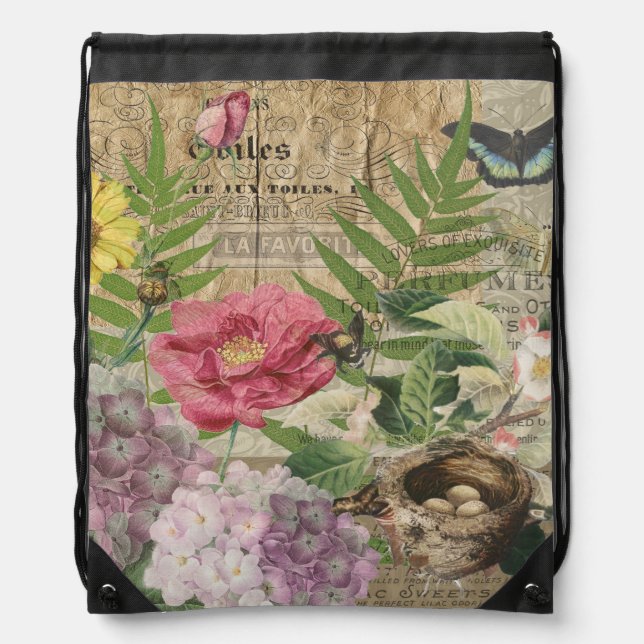 Bird Nest Floral Garden Flower Butterfly Art Drawstring Bag (Front)