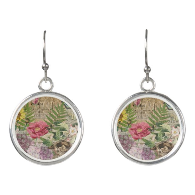 Bird Nest Floral Garden Flower Butterfly Art Earrings (Front)