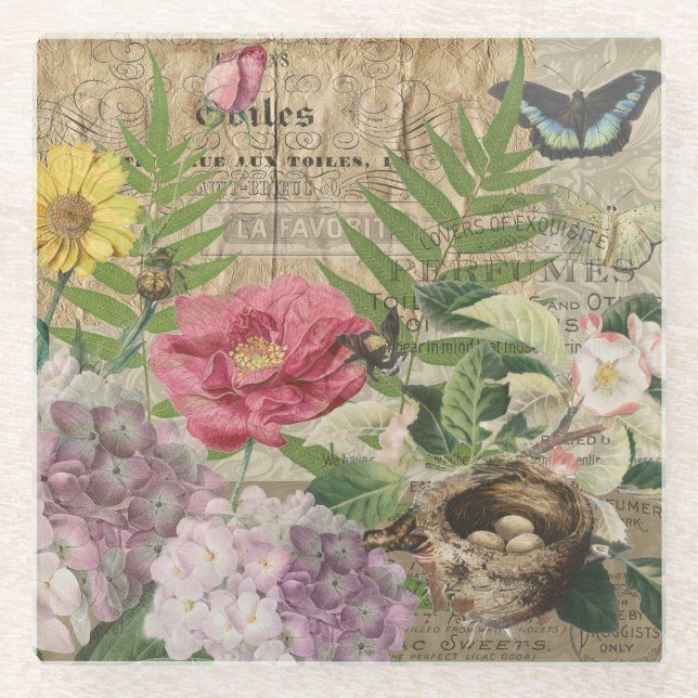 Bird Nest Floral Garden Flower Butterfly Art Glass Coaster (Front)