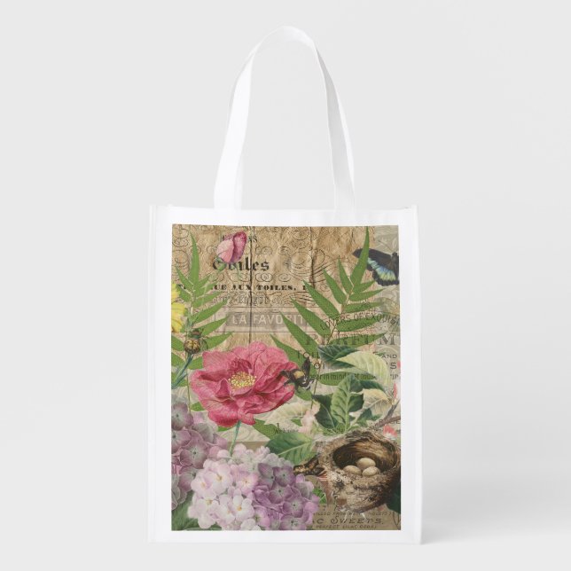 Bird Nest Floral Garden Flower Butterfly Art Grocery Bag (Front)