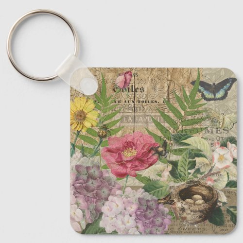 Bird Nest Floral Garden Flower Butterfly Art Keychain