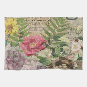 Bird Nest Floral Garden Flower Butterfly Art Kitchen Towel
